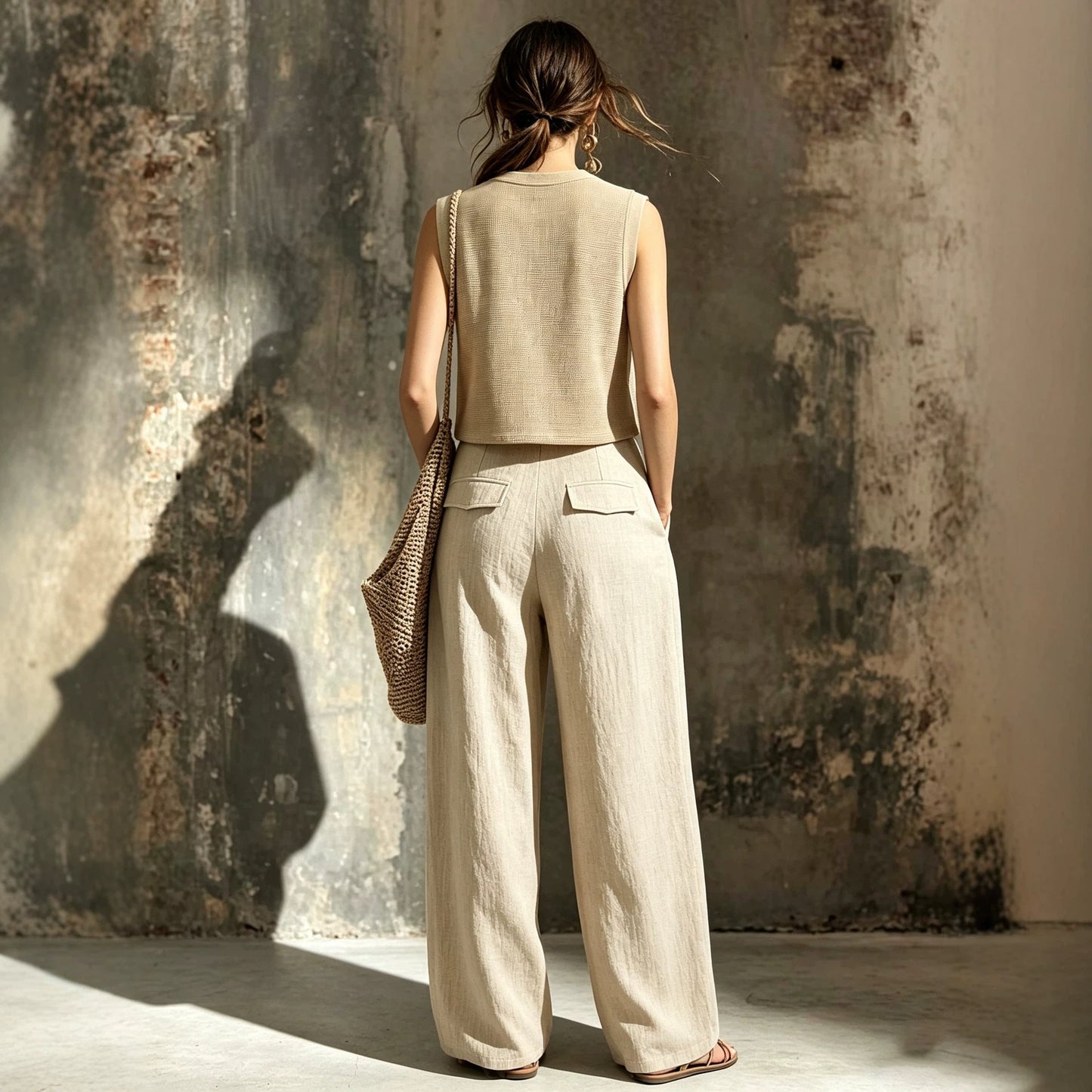 Women's Sleeveless Knit Vest & Wide Leg Pants Two-Piece Set – Casual Linen Khaki
